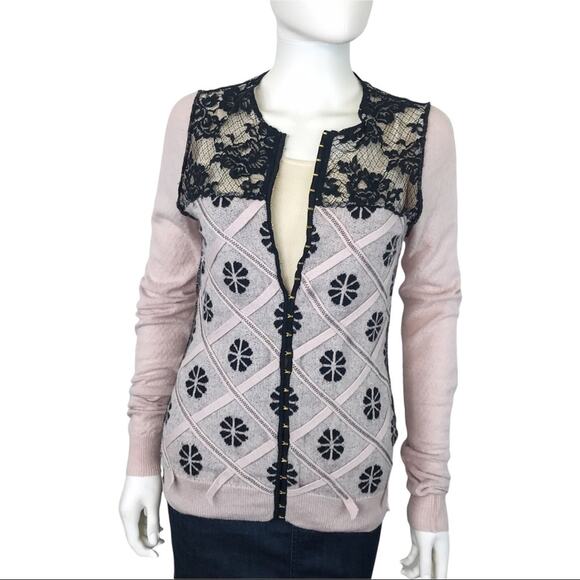 Nina Ricci Pink Cardigan Sweater with Black Lace Wool & Cashmere - Picture 1 of 8